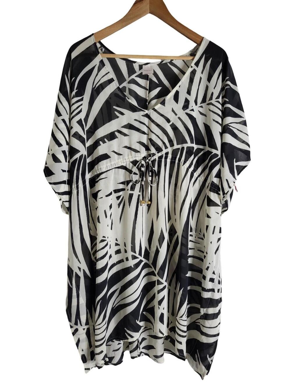 Merona Black White Sheer Kaftan Tropical Palm Print W/ Drawstring Size XL NWT